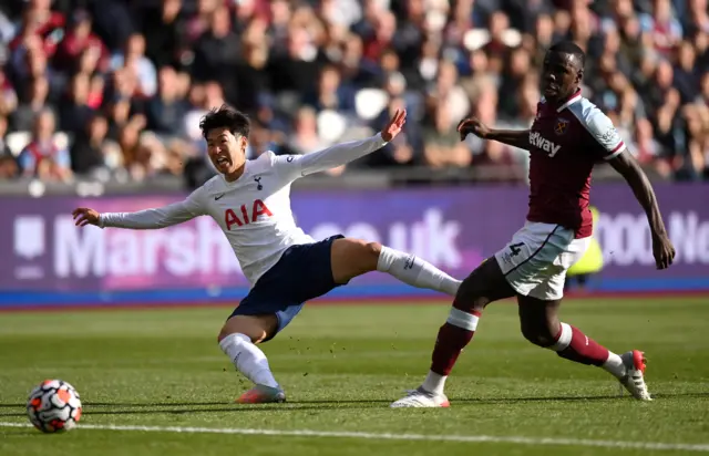 Tottenham's Son Heung-min has an effort saved against West Ham