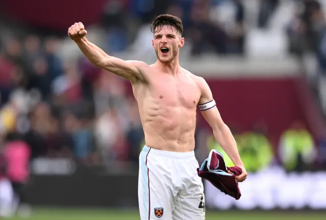 Declan Rice celebrates after West Ham beat Tottenham