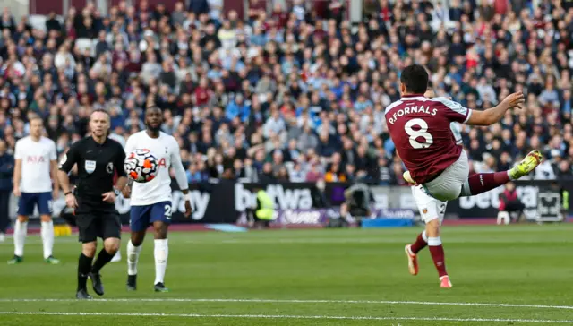 West Ham's Pablo Fornals has an effort on goal saved against Tottenham