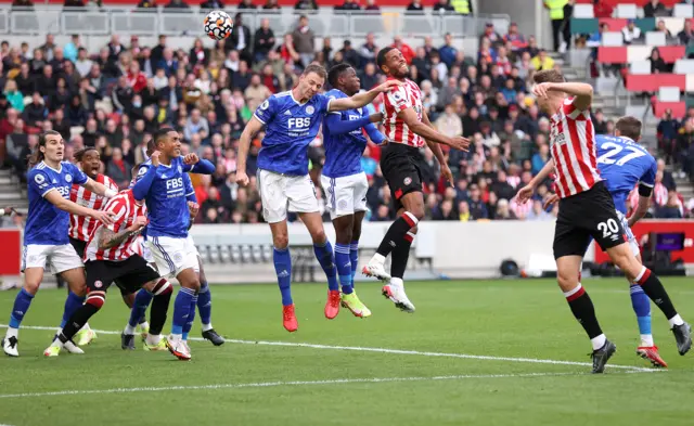 Mathias Jorgensen equalises for Brentford against Leicester