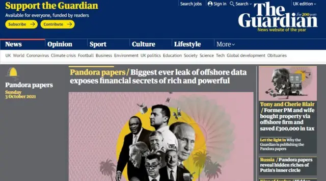 The front page of the Guardian covers the Pandora Papers