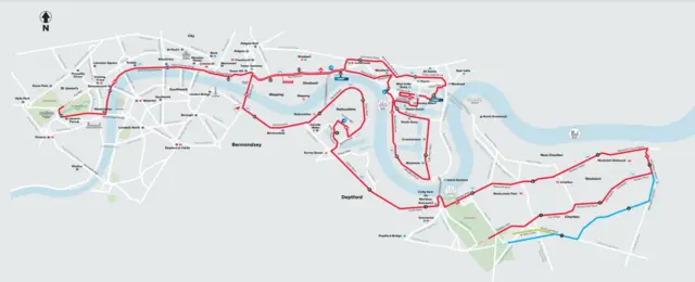 A map of the London marathon course