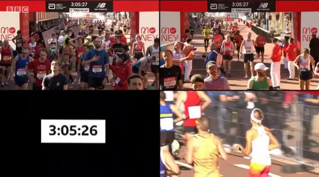 Three different views of the finish line