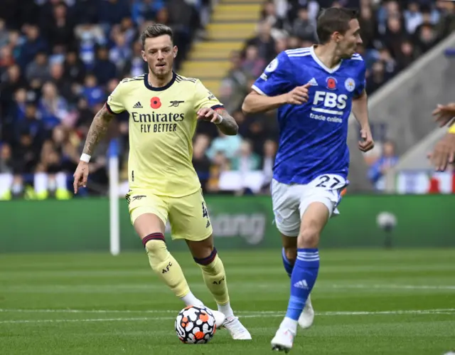 Ben White on the ball for Arsenal