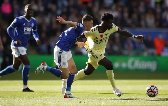 Bukayo Saka in action for Arsenal against Leicester