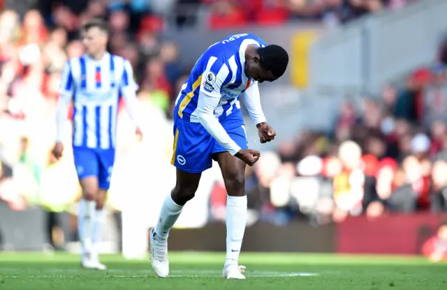 Enock Mwepu celebrates his goal for Brighton