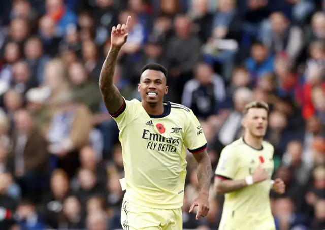 Gabriel celebrates his goal for Arsenal