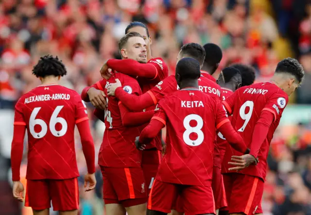 Liverpool celebrate Jordan Henderson's goal