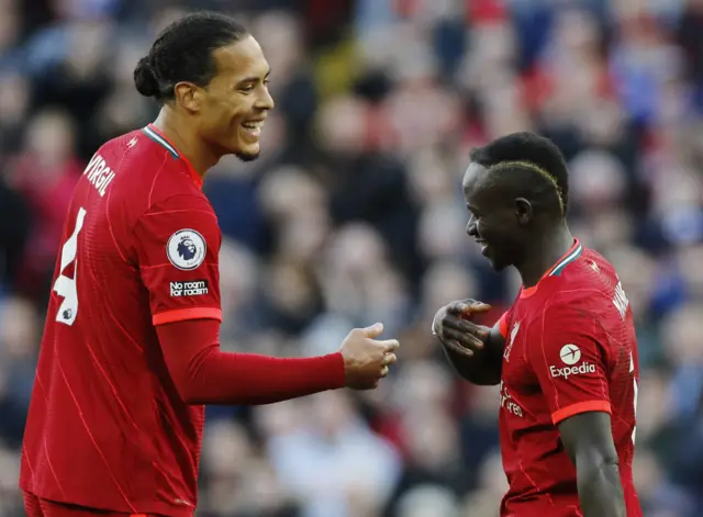 Sadio Mane celebrates scoring Liverpool's second goal with Virgil van Dijk