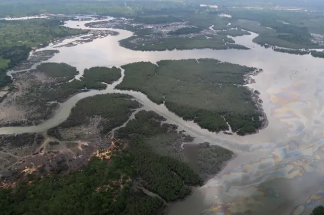 An overview of the Niger delta where signs of oil spills can be seen in the water in Port Harcourt