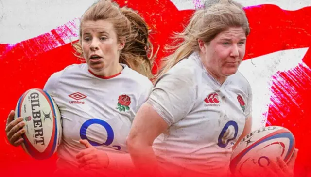 A graphic of an England flag with pictures of Zoe Harrison and Poppy Cleall