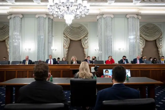 Committee Senators listen as former Facebook employee and whistleblower Frances Haugen (C) testifies before a Senate Committee on Commerce, Science, and Transportation hearing on Capitol Hill, October 5, 2021