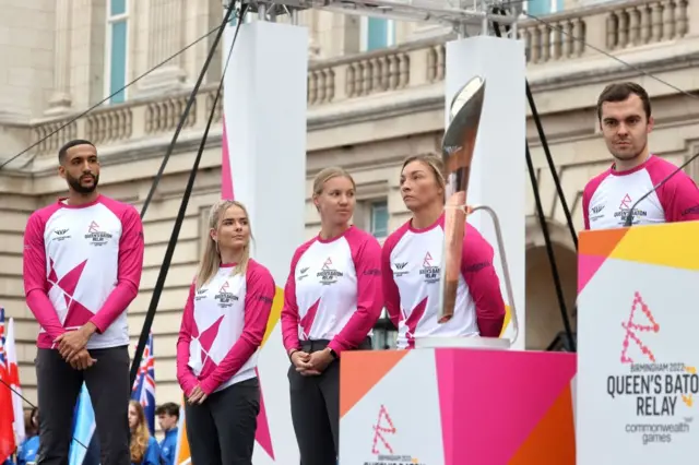 Batonbearers, Declan James, Alice Kinsella, Sarah Robertson, Lauren Price and Mark Downey seen on stage during the launch of The Queen's Baton Relay for Birmingham 2022