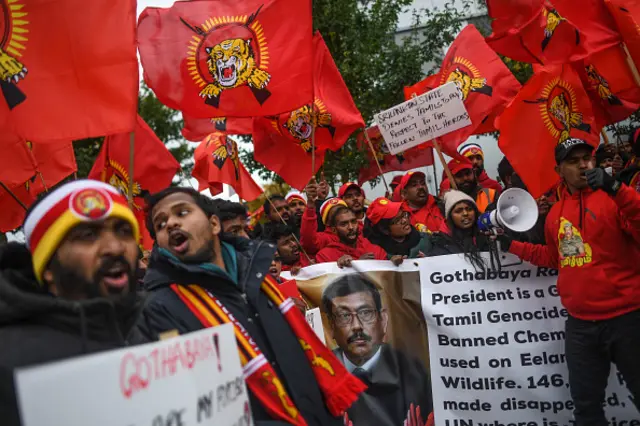 Tamil protesters are seen on the banks of the Clyde on November 1, 2021 in Glasgow, United Kingdom