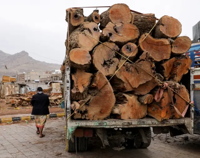 A truck loaded with logs in Yemen