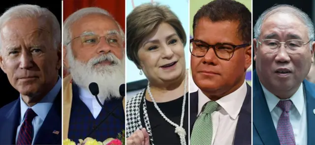 Composite pic of Joe Biden, Narendra Modi, Patricia Espinosa, Alok Sharma and Xie Zhenhua