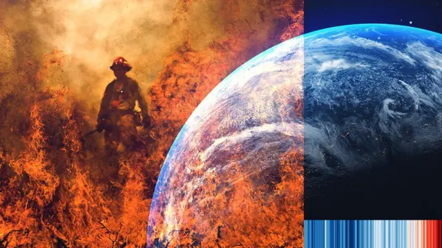 Graphic of a wildfire, superimposed over a picture of the world