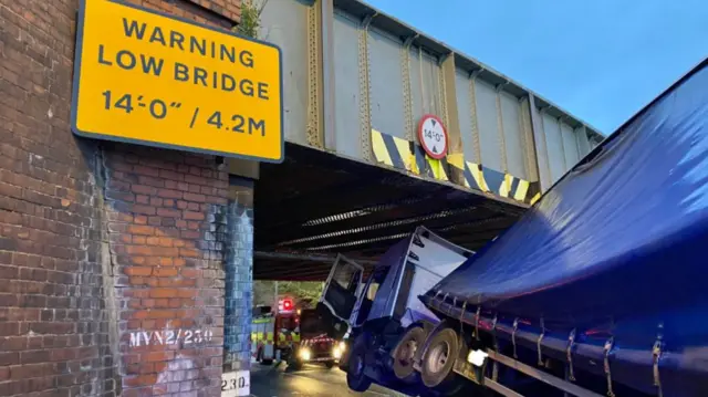 HGV stuck under rail bridge