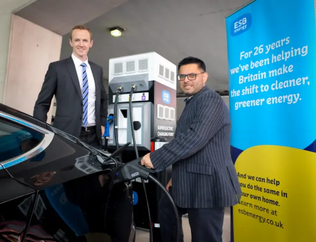 Councillor Waseem Zaffar launches the installation of electric charge-points across Birmingham with ESB Energy Electromobility Specialist, Brian Carroll