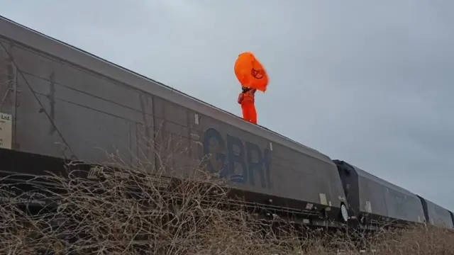 Campaign group Axe Drax said one of its activists "halted the train", which was carrying wood pellets and heading to Drax power station