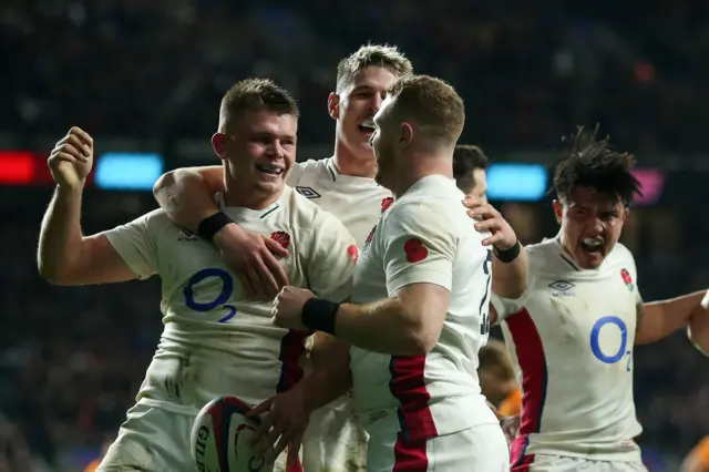 England celebrate Jamie Blamire's try