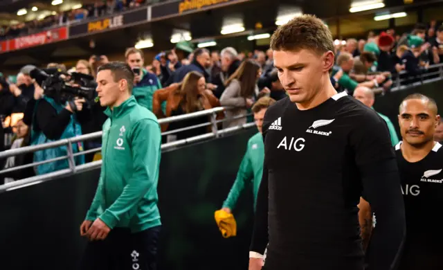 Johnny Sexton and Beauden Barrett walk out at the Aviva Stadium in 2018