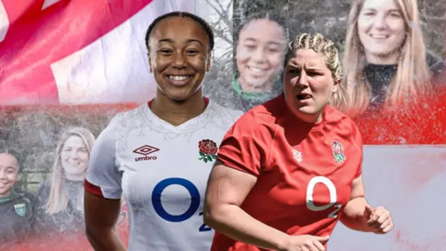 A graphic showing old school pictures of Sadia Kabeya and Bryony Cleall, with pictures of them in England kit overlayed on top