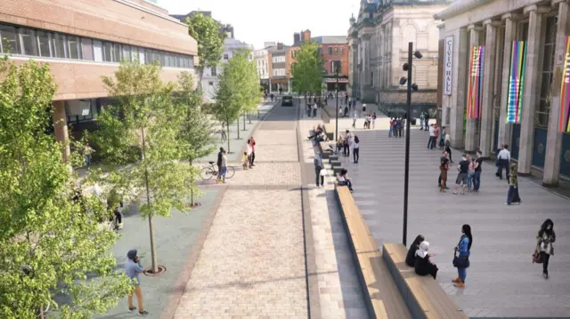 A computer generated image of what the public realm around the Civic Halls will look like