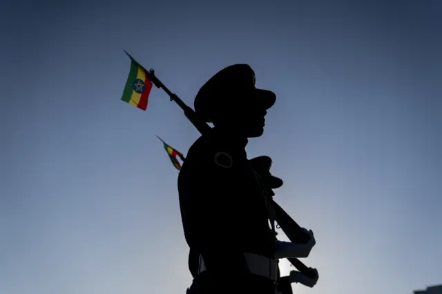 Republican March Band of Ethiopia stand on guard as a ceremony is held to support the Ethiopian military troops who is battling against the Tigrays People Liberation Front in Amhara Region on November 7, 2021 in Addis Ababa,