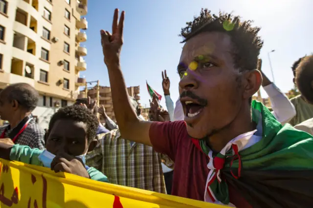 Sudanese people stage a demonstration demanding the end of the military intervention and the transfer of administration to civilians in Khartoum, Sudan on November 17, 2021.