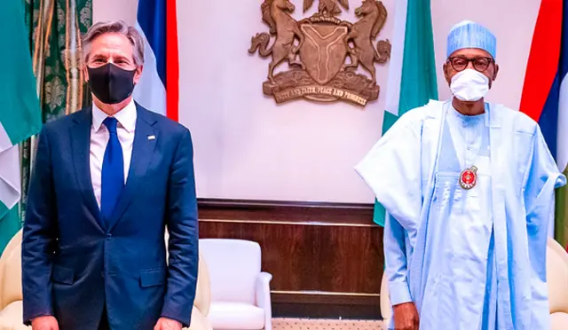 President of Nigeria Muhammadu Buhari (R) receives US Secretary of State Antony J. Blinken (L) at the Aso Rock palace in Abuja, Nigeria on November 18, 2021