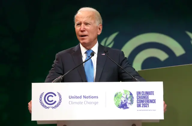 US President Joe Biden speaks during an Action on Forests and Land Use event on day three of COP26 on November 02, 2021 in Glasgow, Scotland. 2021