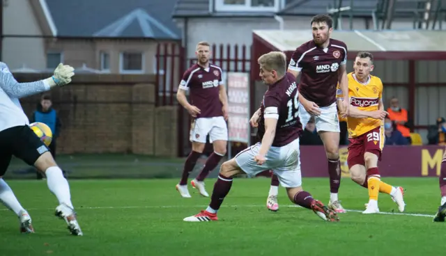 Connor Shields (right) makes it 1-0 for Motherwell