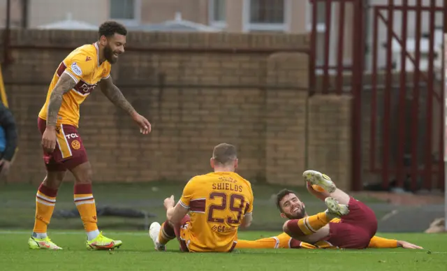 Kaiyne Woolery, Connor Shields and Sean Goss celebrating making it 1-0 to Motherwell