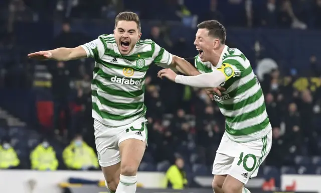 James Forrest celebrates breaking the deadlock for Celtic