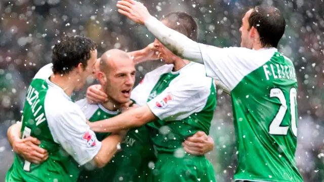 Captain Rob Jones celebrates opening the scoring when Hibs last won the League Cup