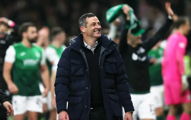 Hibs boss Jack Ross joins in with the post-match celebrations