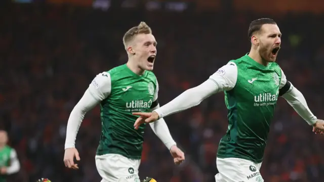 Martin Boyle (right) celebrates giving Hibernian an early lead