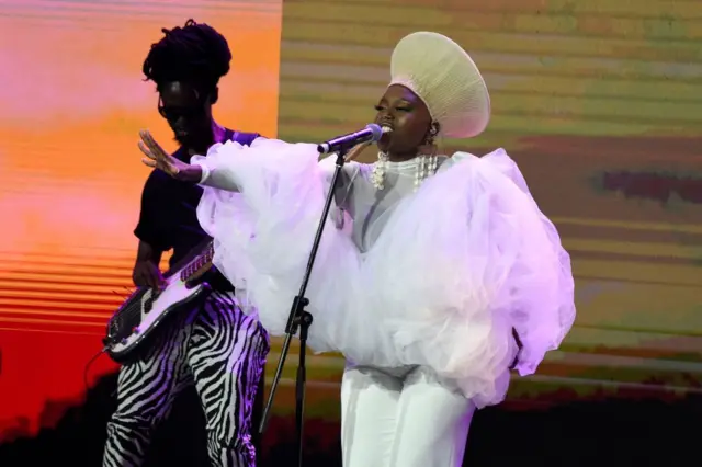 South African artist Zoe Modiga sings during the All Africa Music Awards at Eko Hotels, Victoria Island in Lagos