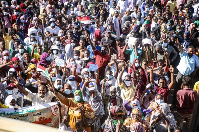 Sudanese anti-coup protesters take to the streets during a demonstration in Khartoum, Sudan.