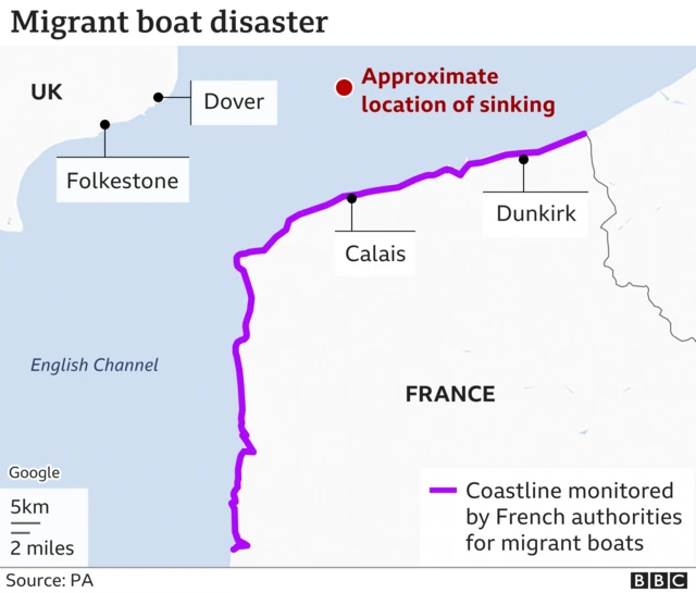 Map shows the location of where the boat sank in the English Channel