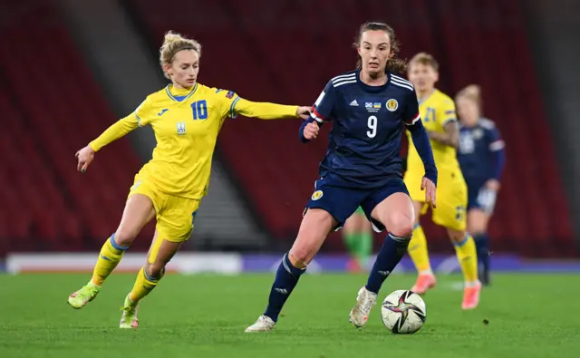 Scotland's Caroline Weir (right) and Ukraine's Yuliia Shevchuk