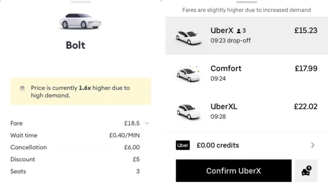 Uber and Bolt price screenshots