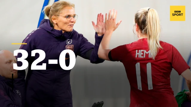 A graphic showing England have won their games under Sarina Wiegman by an aggregate score of 32-0 so far