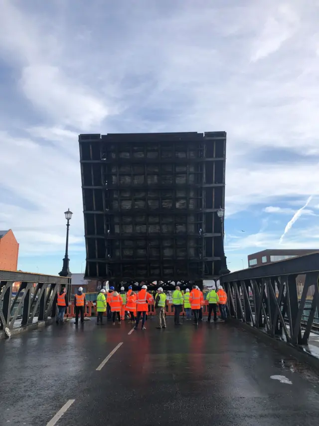 Engineers inspect the underside of Corporation Road Bridge in Grimsby