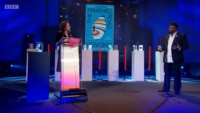 Ben Okri talking to Samira Ahmed at the ceremony