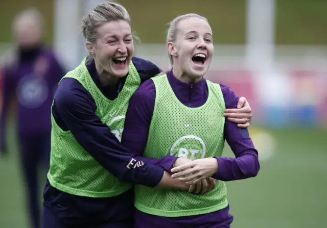 (l to r) Ellen White and Beth Mead share a laugh during an England training session