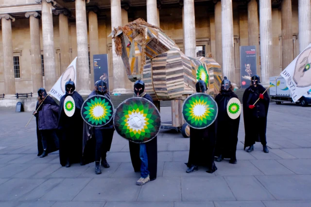 Protesters wheel a "Trojan horse" into the British Museum