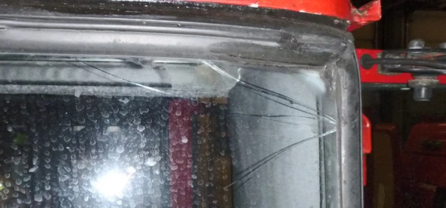 Broken windscreen of the fire appliance taken after the incident in 2019.