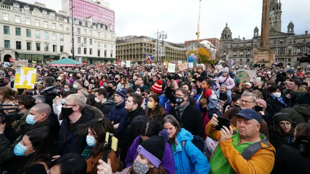 Crowds of people in George Square, Glasgow